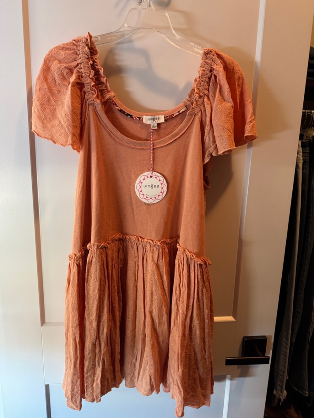 Umgee Girls' Peach Tiered Puff-Sleeve Dress